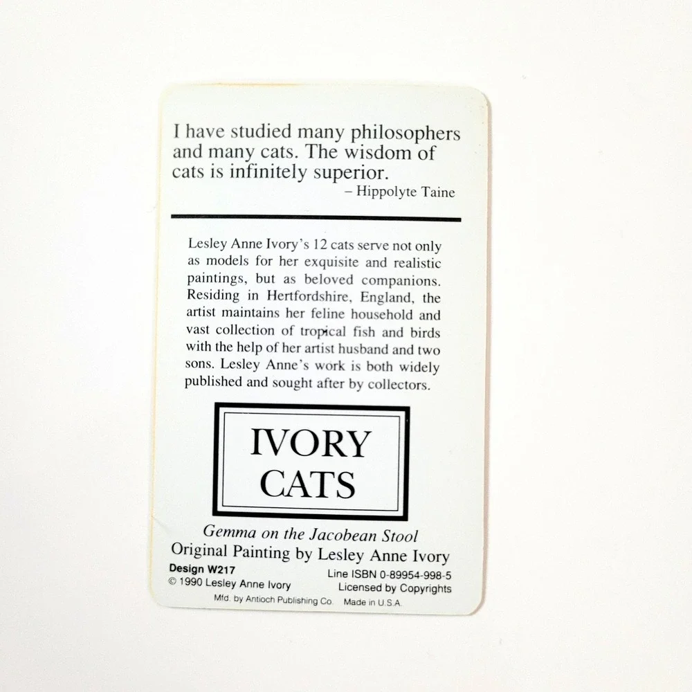 VTG 90s Lesley Ivory Cats Card Bookmark- Gemma Jacobean Stool- 1990 Antioch W217
